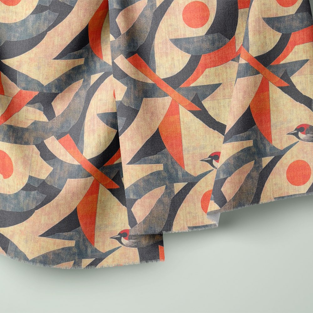  A close-up of Bird No.28 fabric draped to reveal its artistic print and luxury texture, ideal for soft furnishings.