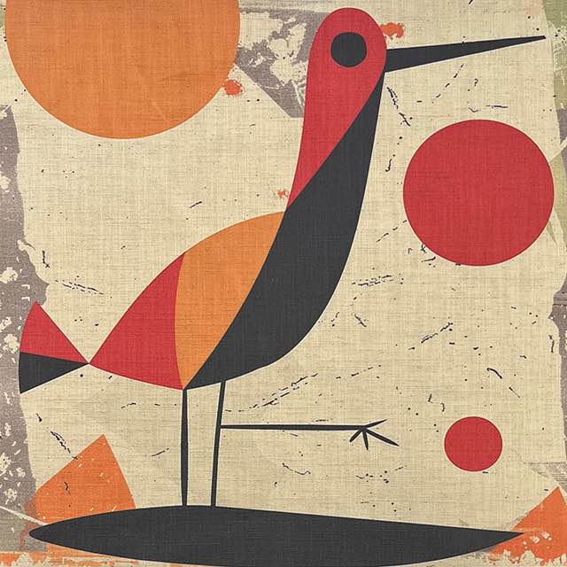 Bird No.3 luxury upholstery fabric in neutral with red and orange palette and abstract bird design – flat design