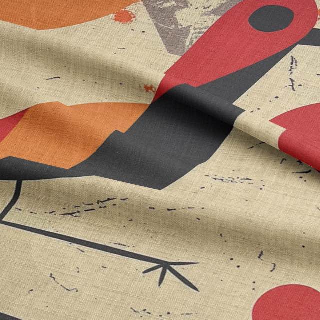 Bird No.3 luxury upholstery fabric in neutral with red and orange palette and abstract bird design for sofas