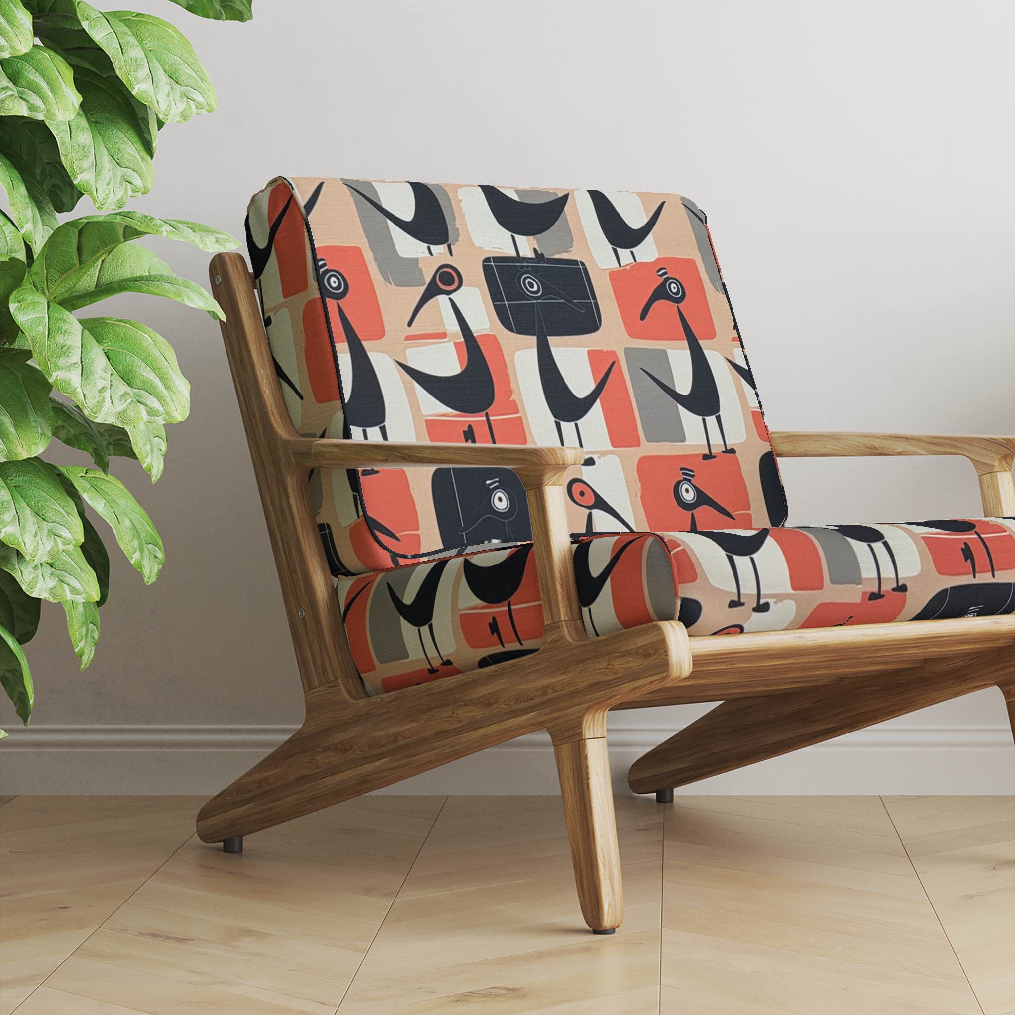 Bold retro Bird No.4 fabric with orange, black, and checked bird motifs, perfect for statement upholstery furniture.