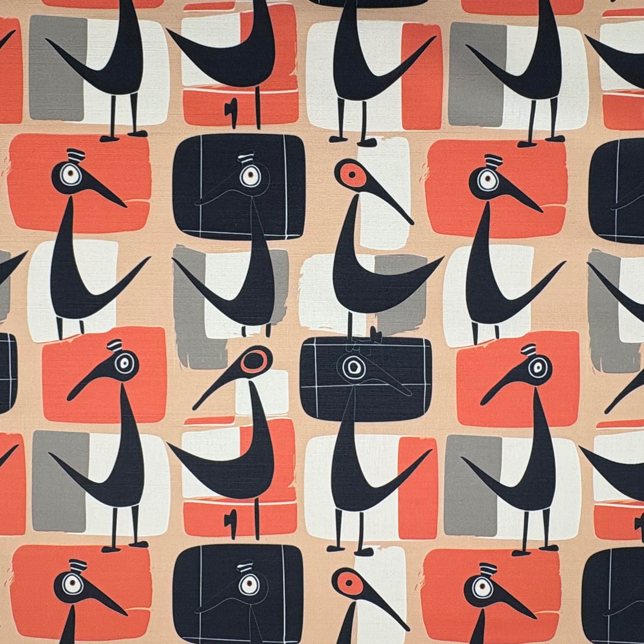 Bird No.4 luxury upholstery fabric in black and orange with abstract retro bird design – flat design