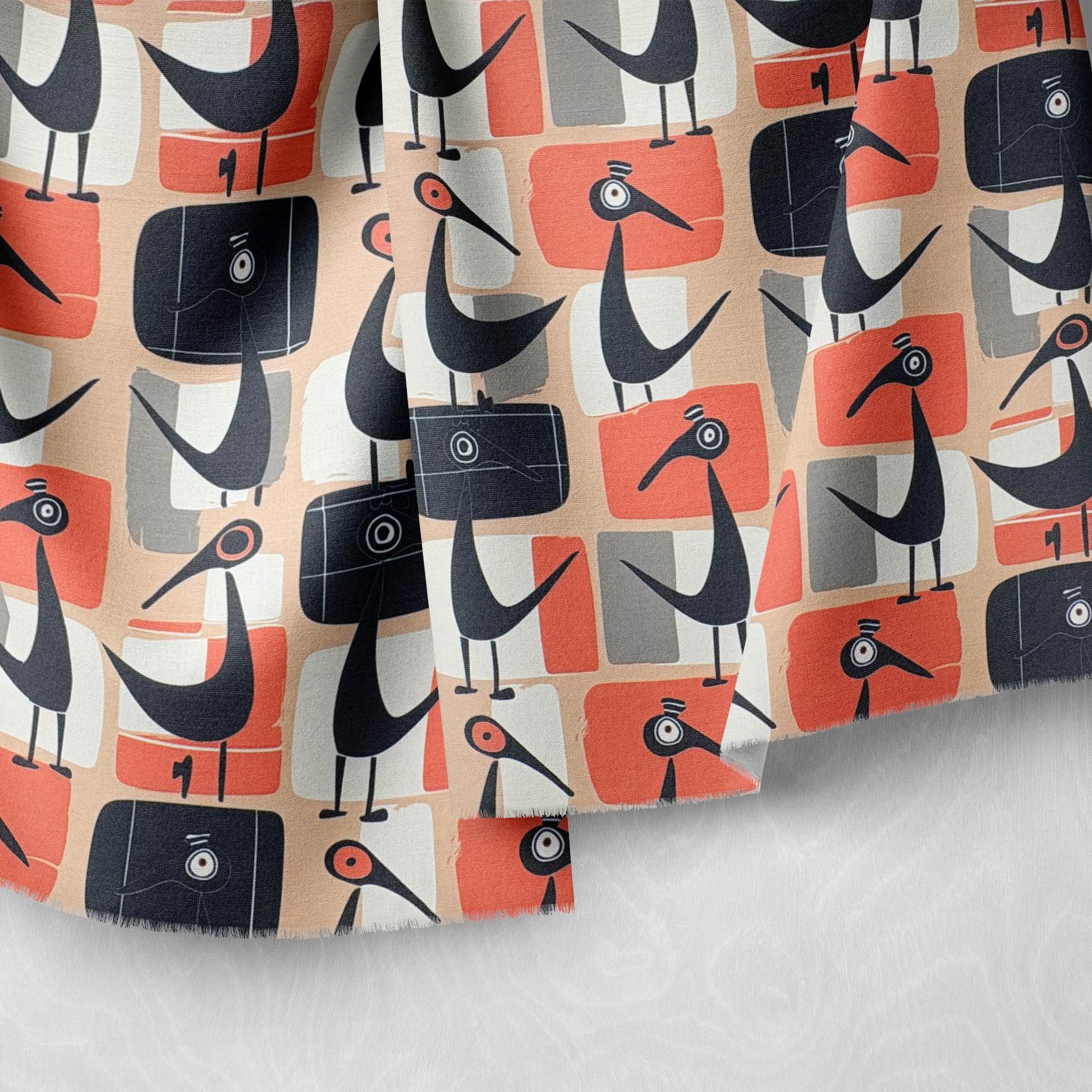 Bird No.4 orange and black upholstery fabric with retro 70s bird design on a checked background.