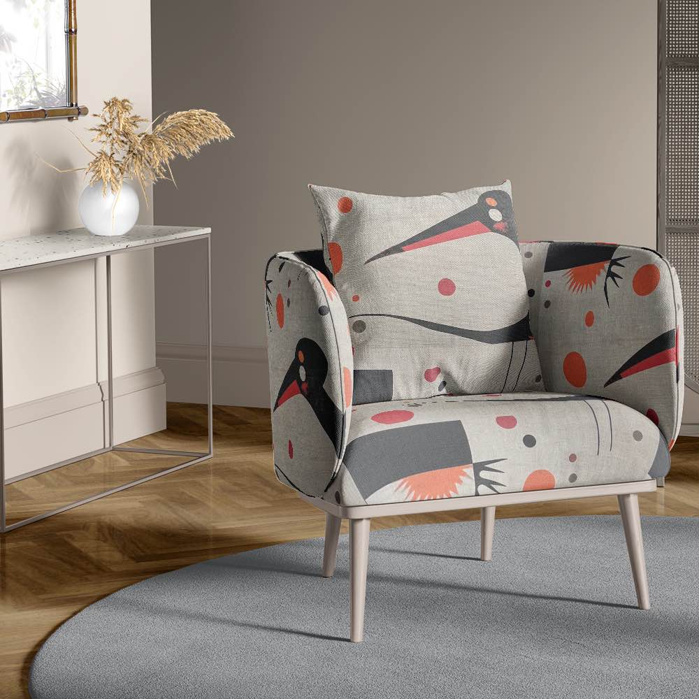 Upholstered view of Bird No.8 upholstery fabric in neutral palette with abstract bird design