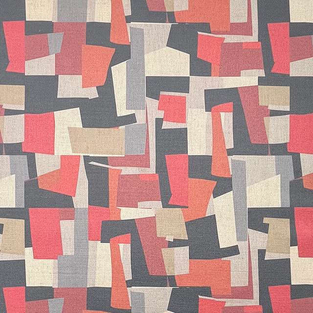 Collage No.2 luxury upholstery fabric in red, black, and grey with overlapping collage pattern – flat design