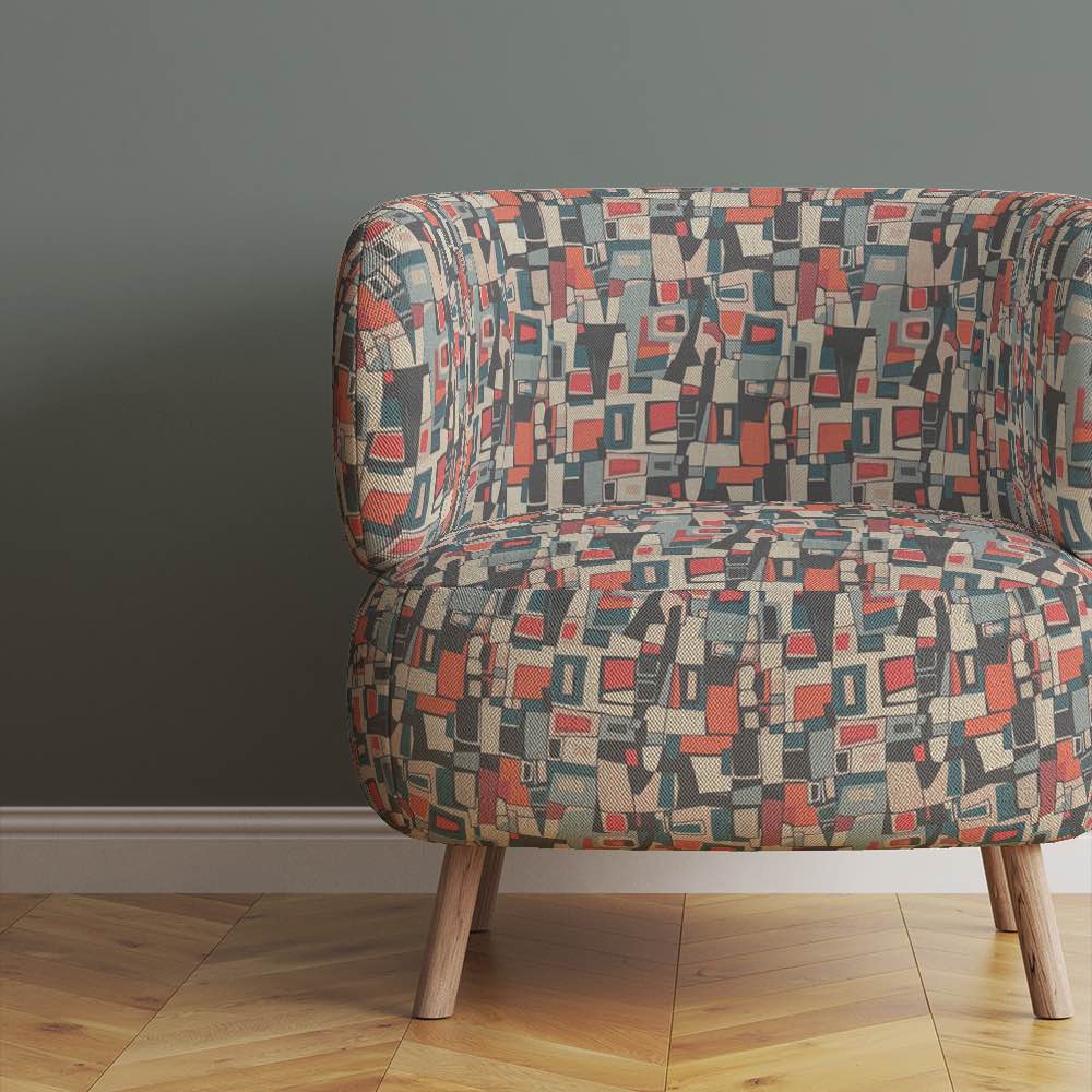 Collage No.5 luxury upholstery fabric in multicoloured with natural tones and overlapping collage pattern for statement furniture