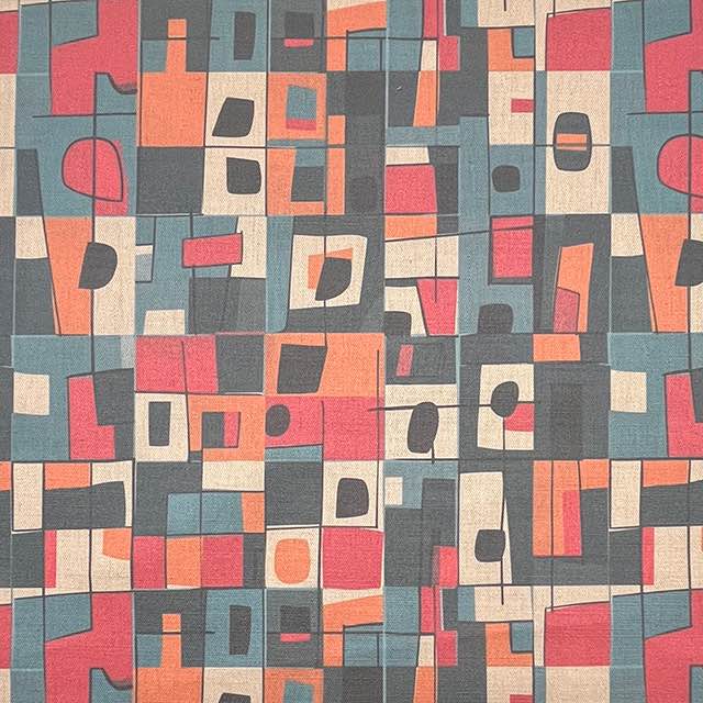 Collage No.6 luxury upholstery fabric in red, orange, and blue with overlapping collage pattern – flat design