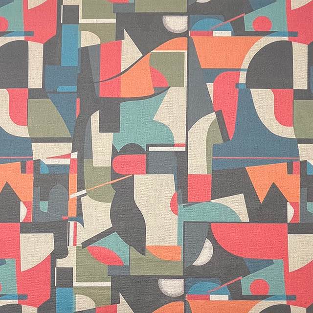 Collage No.7 luxury upholstery fabric with multicoloured design and overlapping collage pattern – flat design