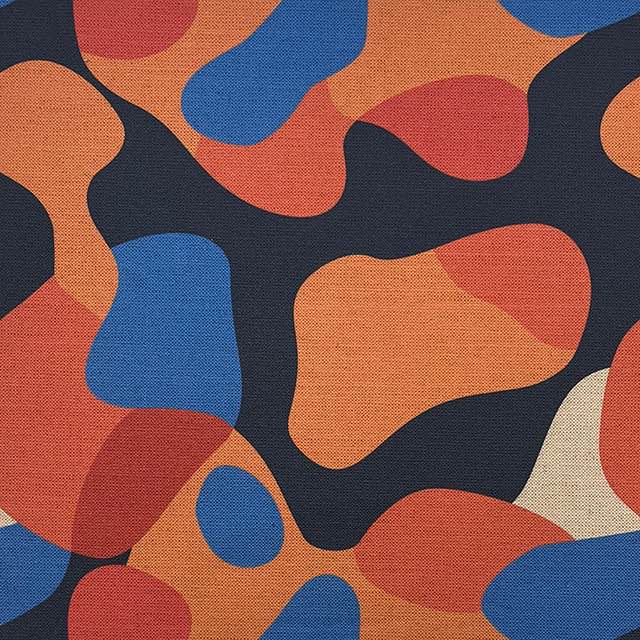 Creation No.1 luxury upholstery fabric in orange and blue with abstract overlapping shapes – flat design