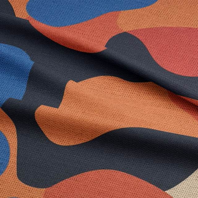 Creation No.1 luxury upholstery fabric in orange and blue with abstract overlapping shapes for sofas