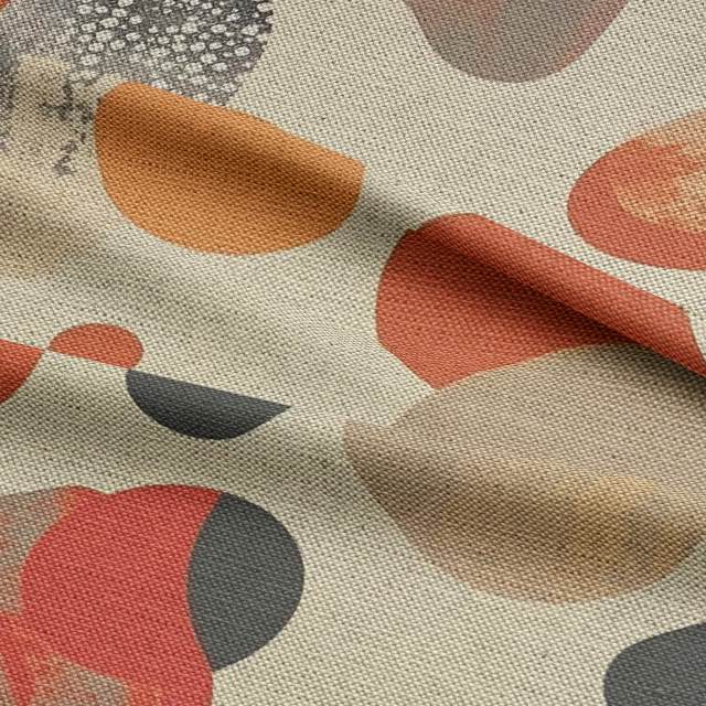 Creation No.2 luxury upholstery fabric in orange and neutrals with abstract overlapping shapes for sofas