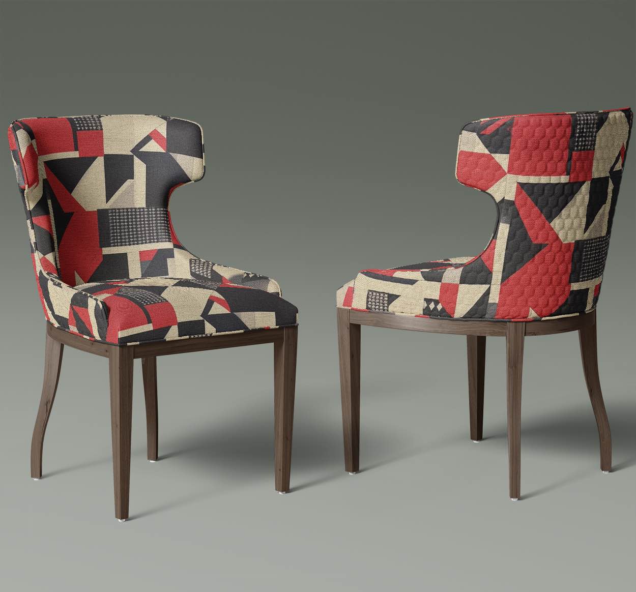 Dining Room Chairs made from Creation No.6 upholstery fabric in red, black, and neutral with abstract interlocking shapes