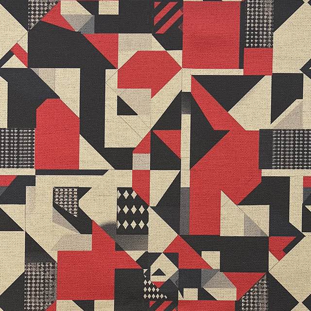 Creation No.6 luxury upholstery fabric in red, black, and neutral with abstract interlocking shapes – flat design