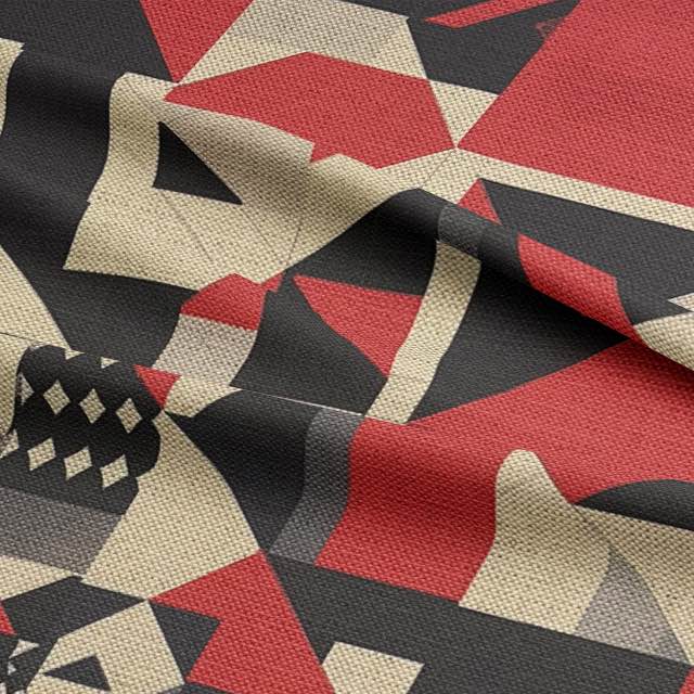 Creation No.6 luxury upholstery fabric in red, black, and neutral with abstract interlocking shapes for chairs