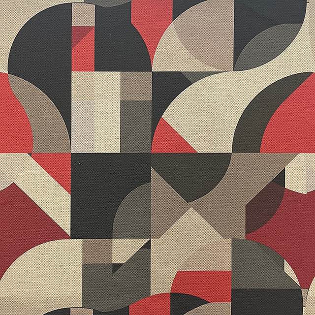 Creation No.9 luxury upholstery fabric in red and black with abstract interlocking shapes – flat design