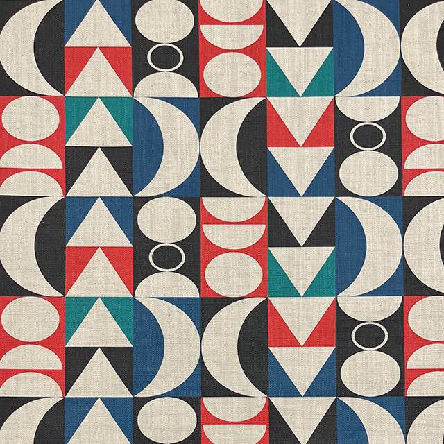 Cubism No.18 luxury upholstery fabric in blue, red, and neutral with Cubism art movement design – flat design