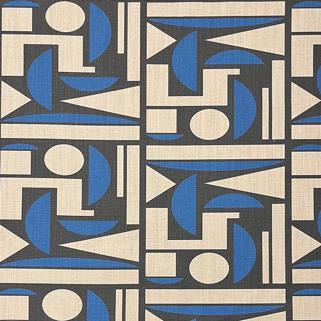 Cubism No.7 luxury upholstery fabric in blue, black, and neutral with Cubism art movement design – flat design