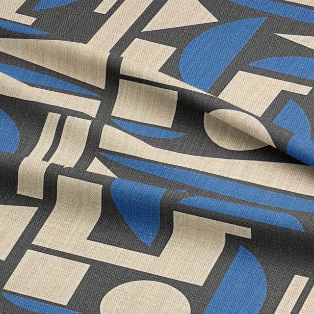 Cubism No.7 luxury upholstery fabric in blue, black, and neutral with Cubism art movement design for sofas