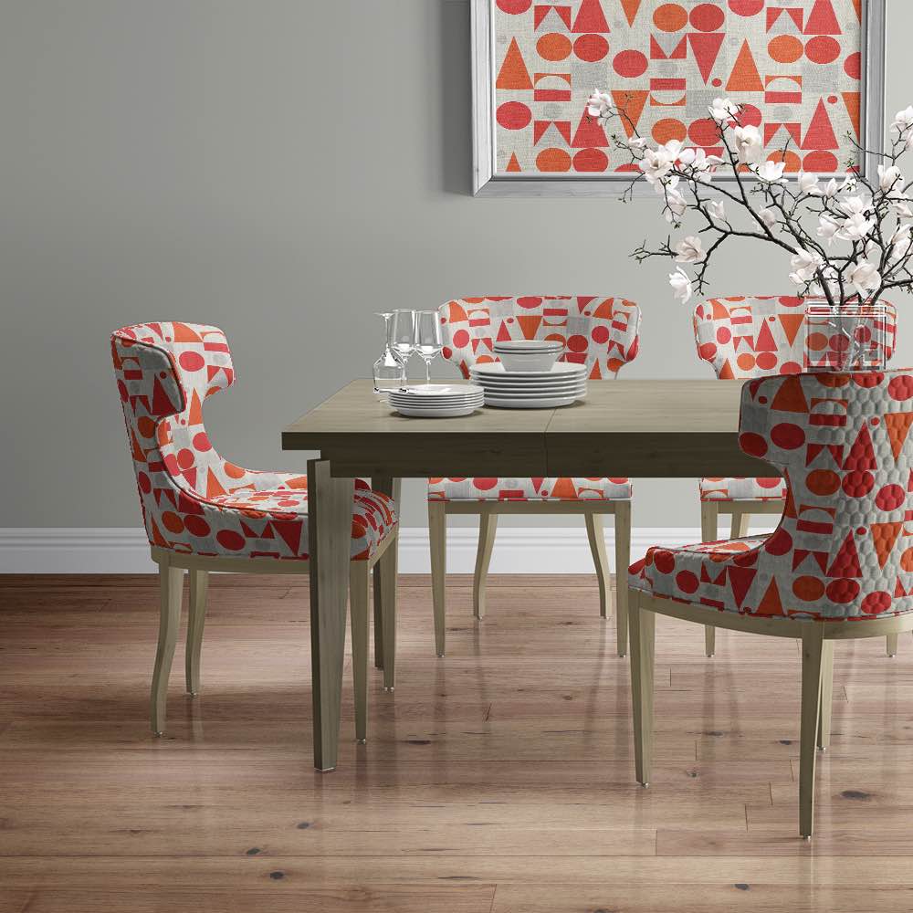 Upholstered Chairs of Cubism No.8 upholstery fabric in red, orange, and neutral with Cubism art movement design