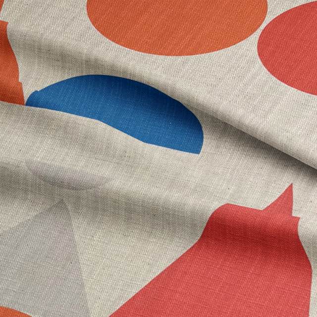 Cubism No.9 luxury upholstery fabric in orange, red, blue, and neutral with Cubism art movement design for sofas