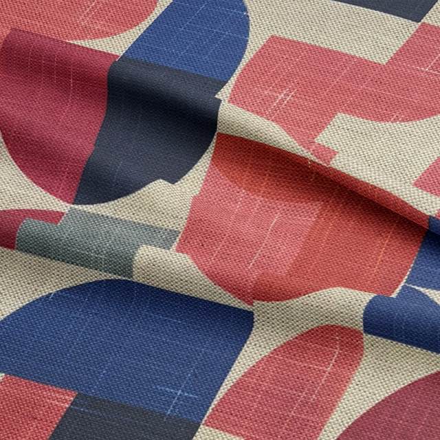 Dimension No.1 luxury upholstery fabric in pinks and blues with overlapping geometric shapes for sofas