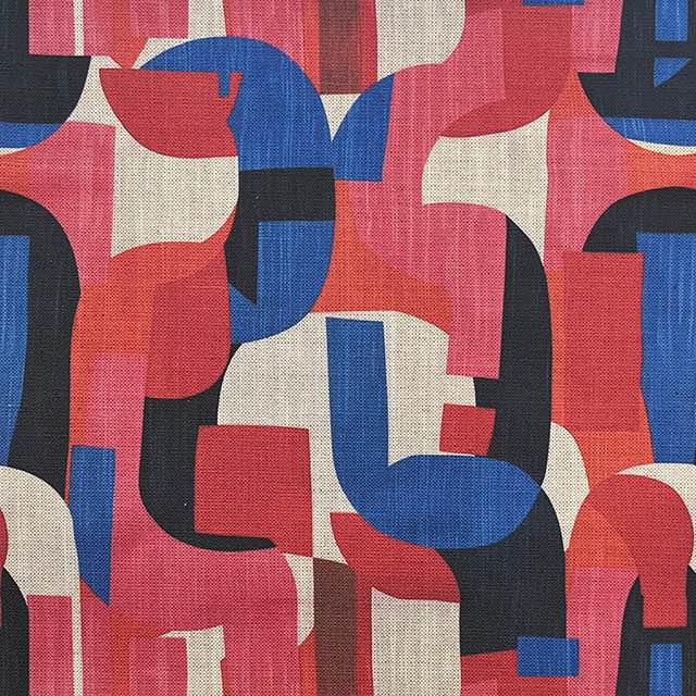 Dimension No.2 luxury upholstery fabric in pinks and blues with overlapping geometric shapes – flat design