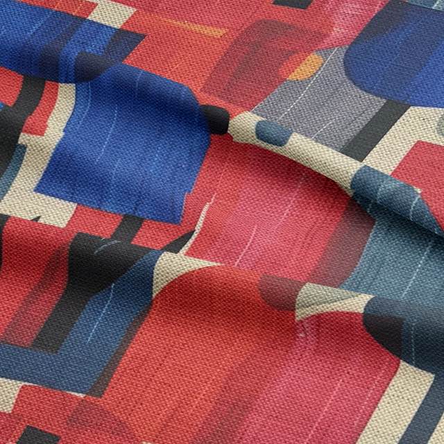 Dimension No.3 luxury upholstery fabric in pinks and blues with overlapping geometric shapes for sofas