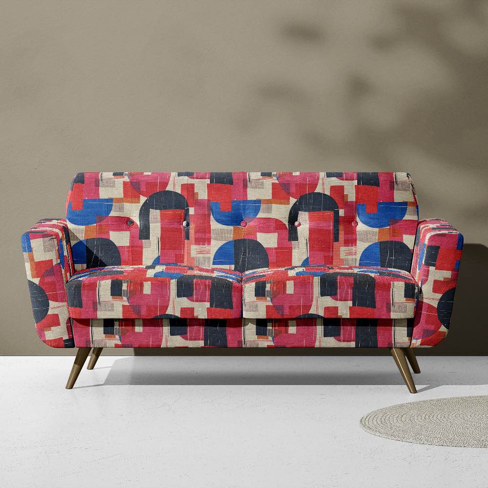 Upholstered Sofa of Dimension No.4 upholstery fabric in pinks and blues with overlapping geometric shapes