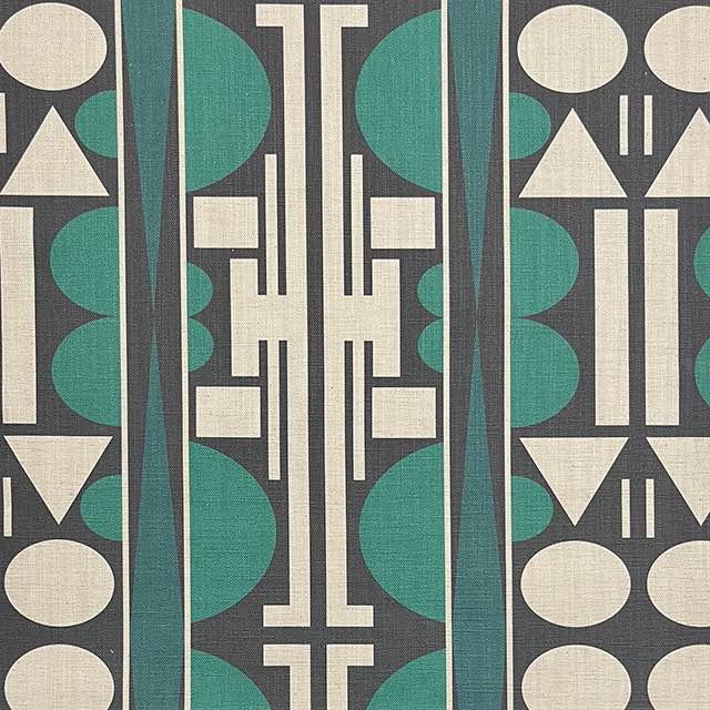 Estaque No.13 luxury upholstery fabric in green and black with Cubism art design – flat view