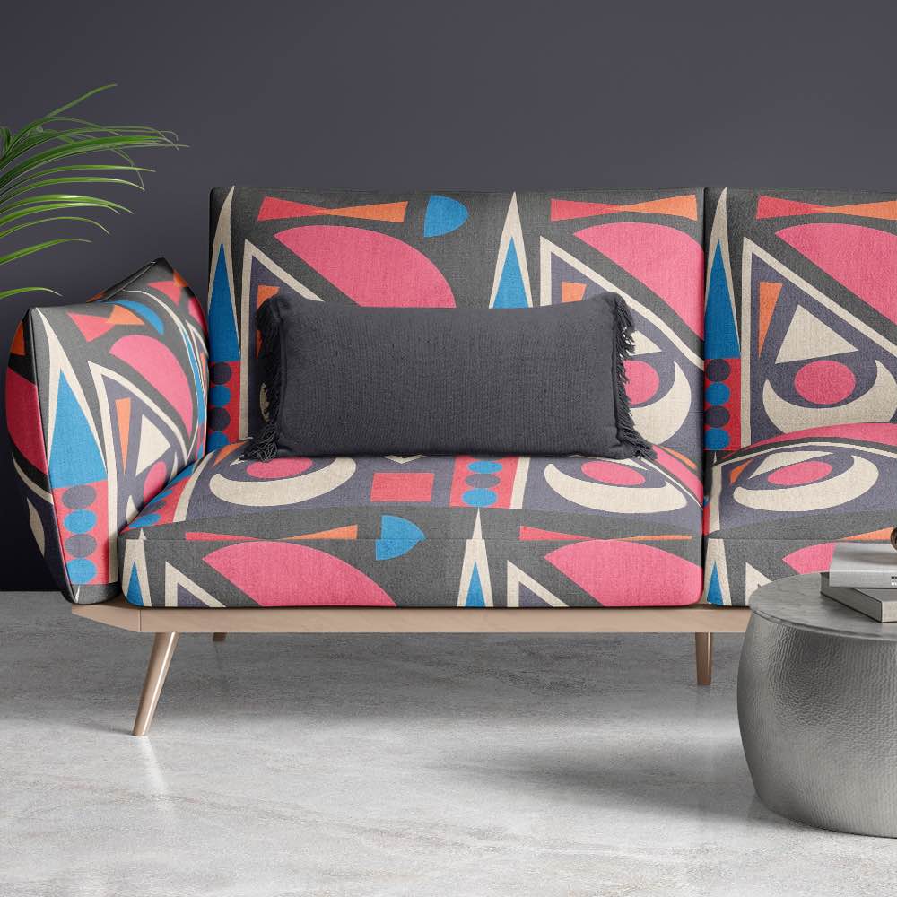 Upholstered Sofa of Estaque No.15 upholstery fabric in black with bright colour Cubism art design