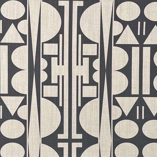 Estaque No.18 luxury upholstery fabric in black and neutral Cubism art design – flat view