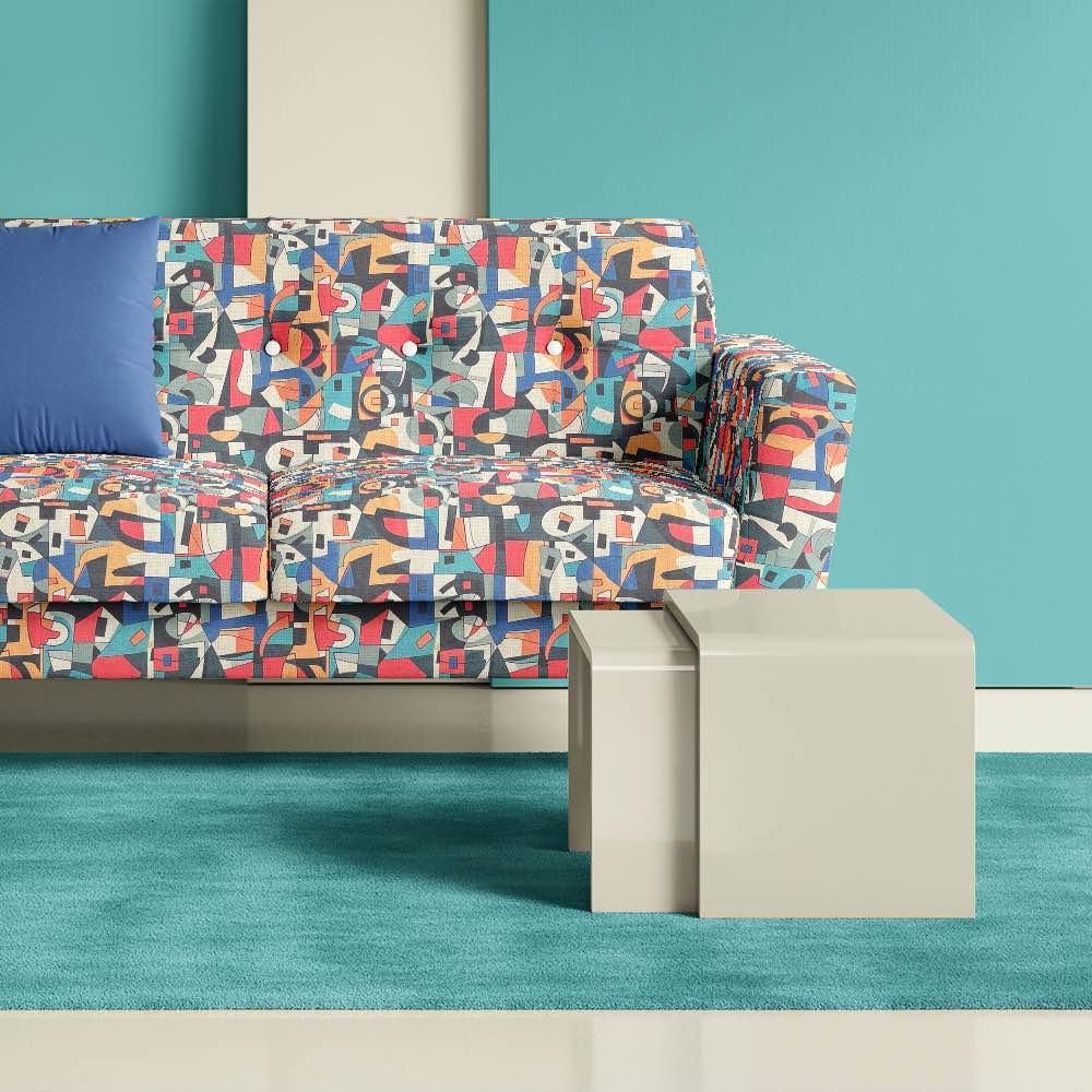 Sofa view of Exhibite No.10 upholstery fabric in bright multicoloured abstract art design