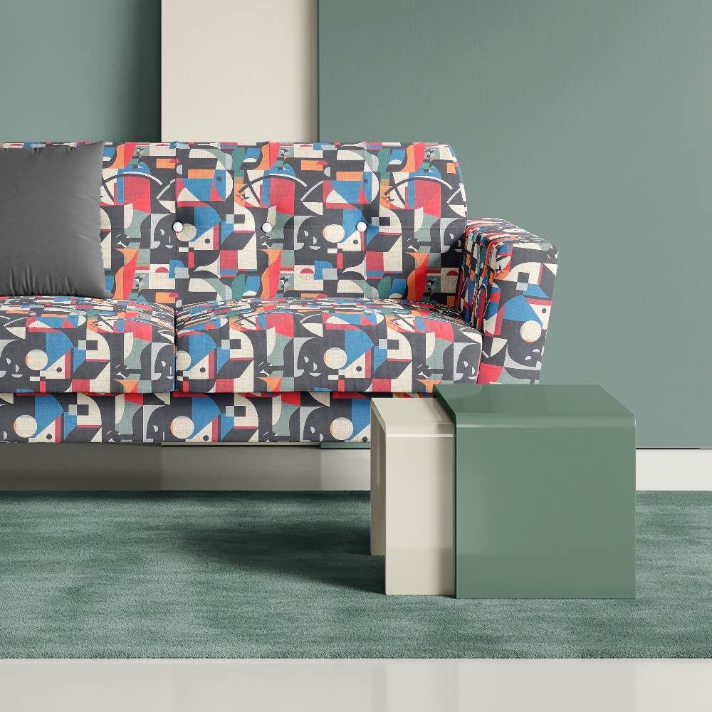 Exhibite No.12 luxury upholstery fabric in bright multicoloured abstract art design for statement furniture