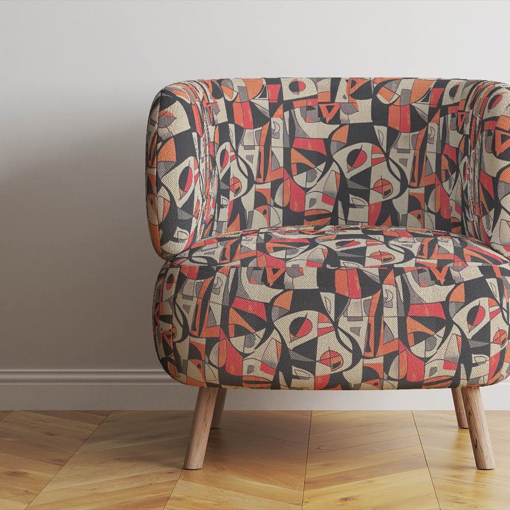 Upholstered Chair of Exhibite No.14 upholstery fabric in bright multicoloured abstract art design