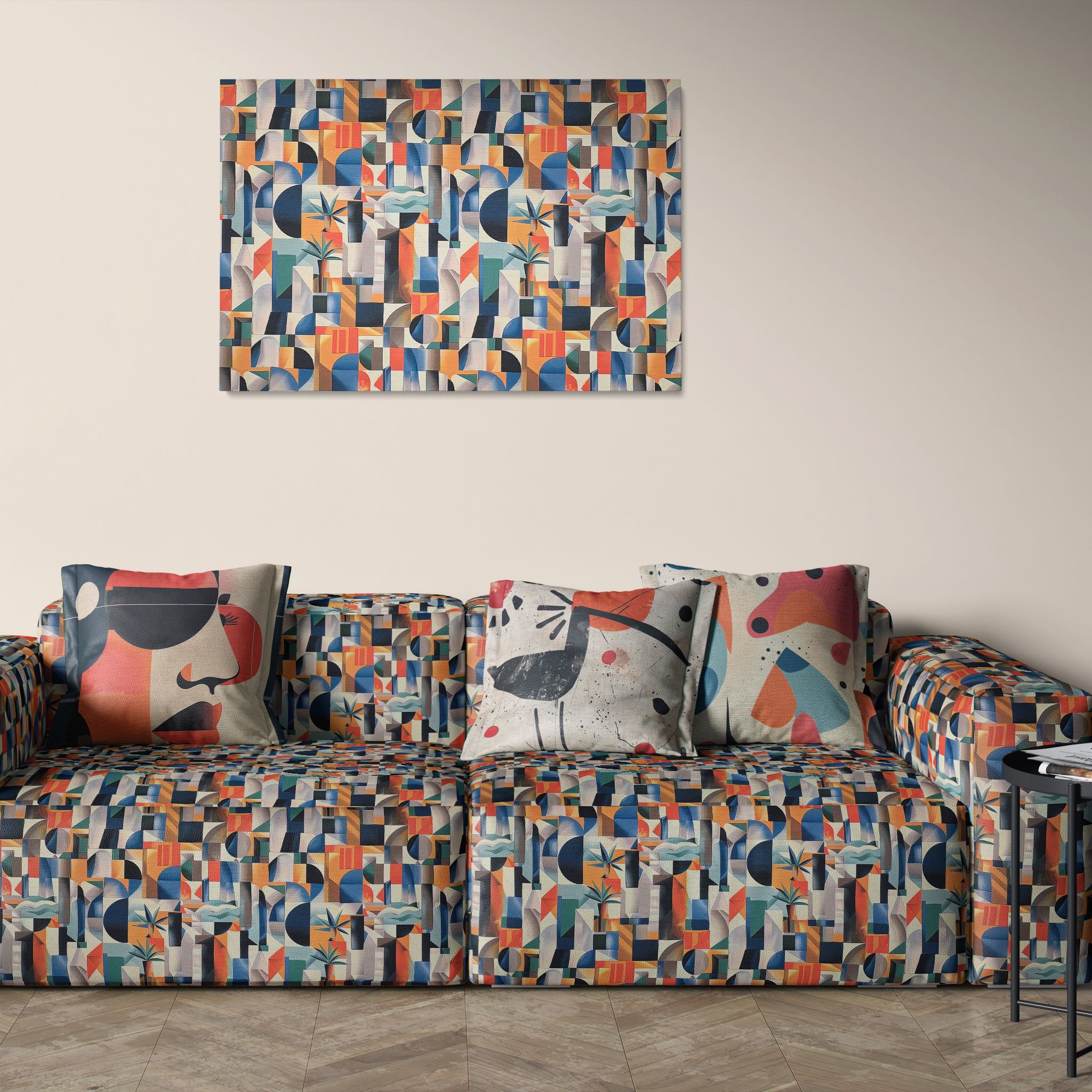 Ruffled view of Exhibite No.16 upholstery fabric in bright multicoloured abstract art design