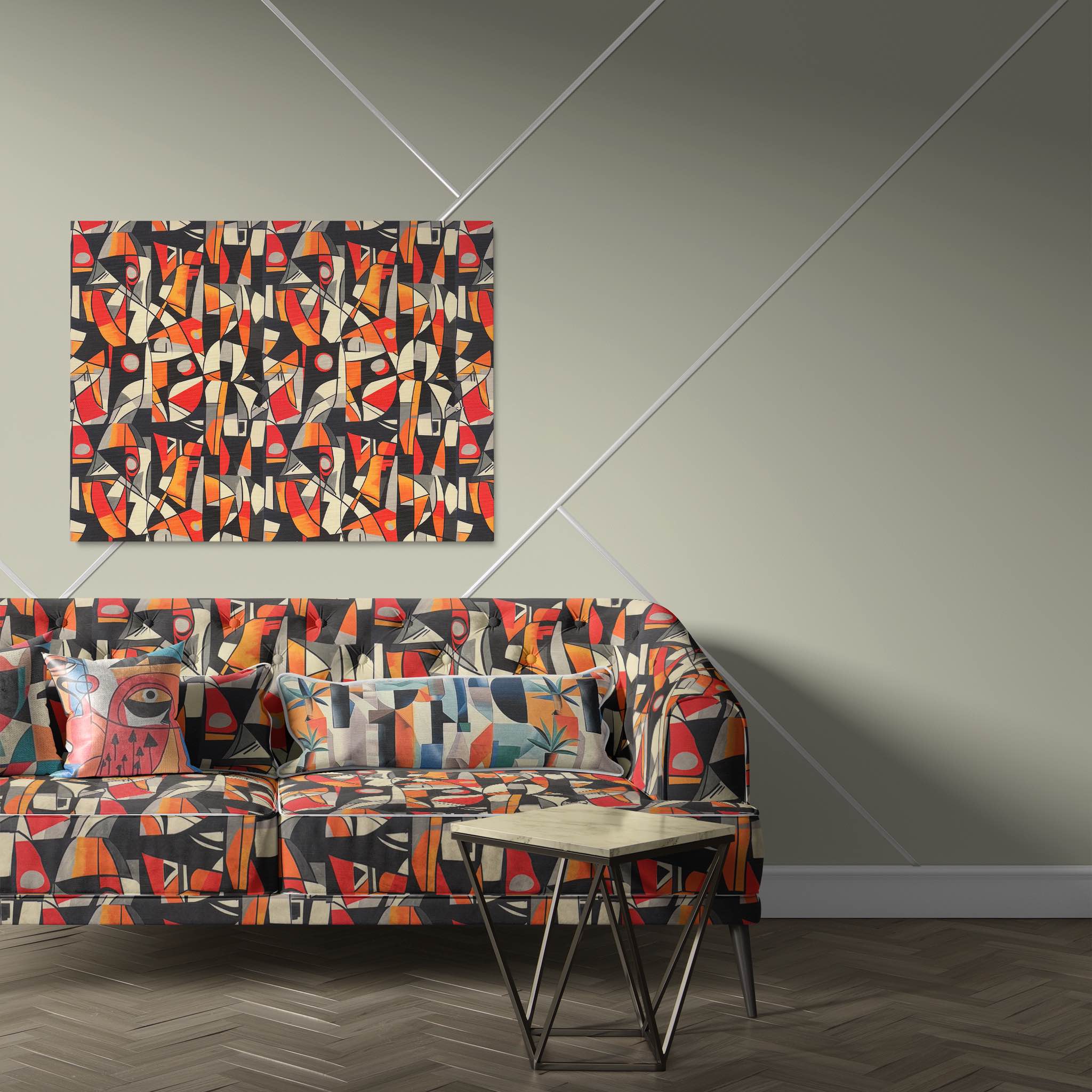 Exhibite No.17 luxury upholstery fabric in bright multicoloured abstract art design for Statement Furniture