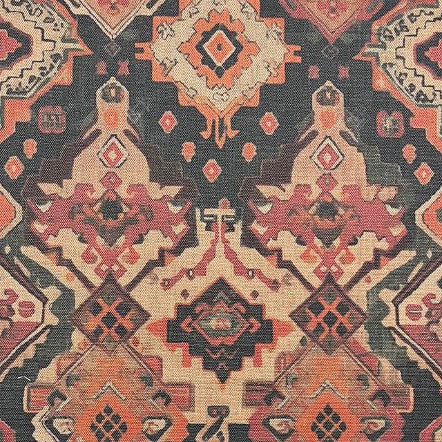 Kilim No.10 luxury upholstery fabric featuring autumnal colour palette and Kilim pattern – flat view