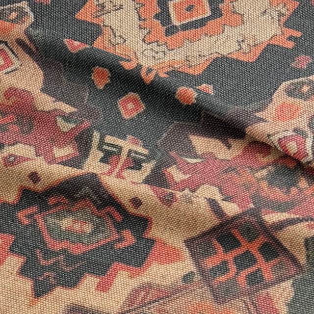 Ruffled view of Kilim No.10 upholstery fabric with autumnal colour palette and Kilim pattern