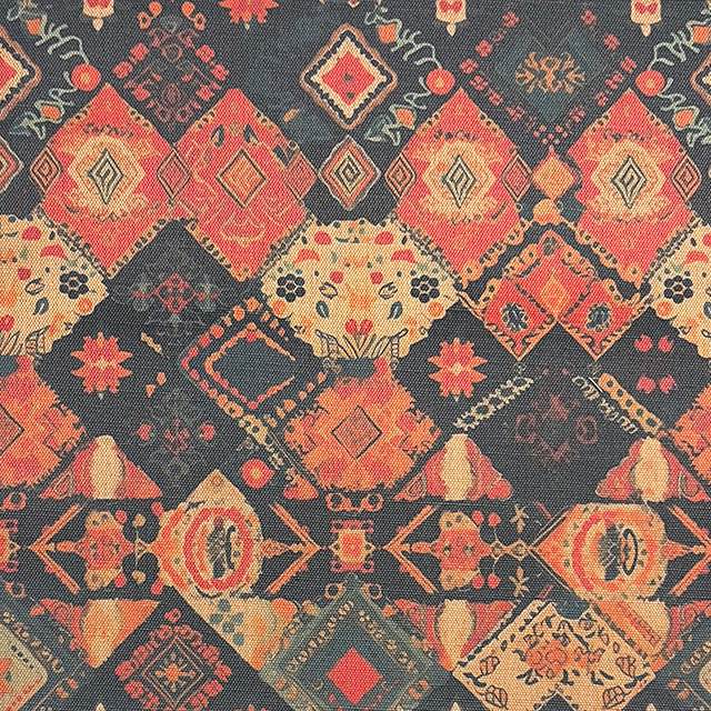 Kilim No.11 luxury upholstery fabric featuring autumnal colour palette and Kilim pattern – flat view