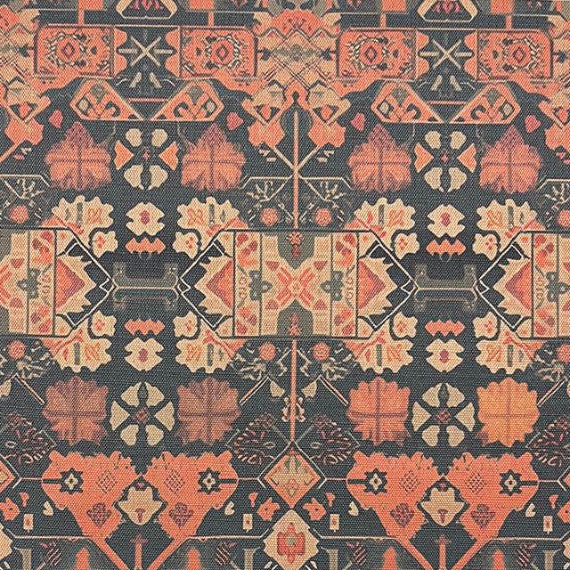 Kilim No.12 luxury upholstery fabric with autumnal colour palette and Kilim pattern – flat view