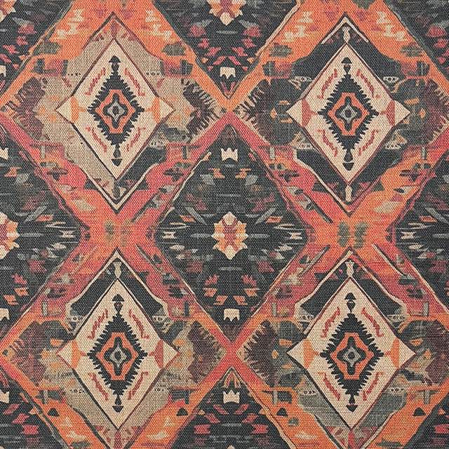 Kilim No.1 luxury upholstery fabric with autumnal colour palette and Kilim pattern – flat view