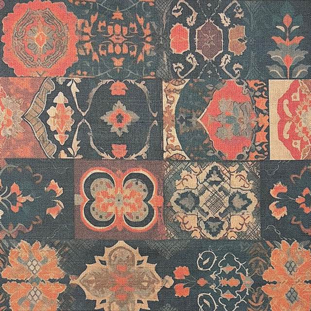 Kilim No.2 luxury upholstery fabric with autumnal colour palette and Kilim pattern – flat view