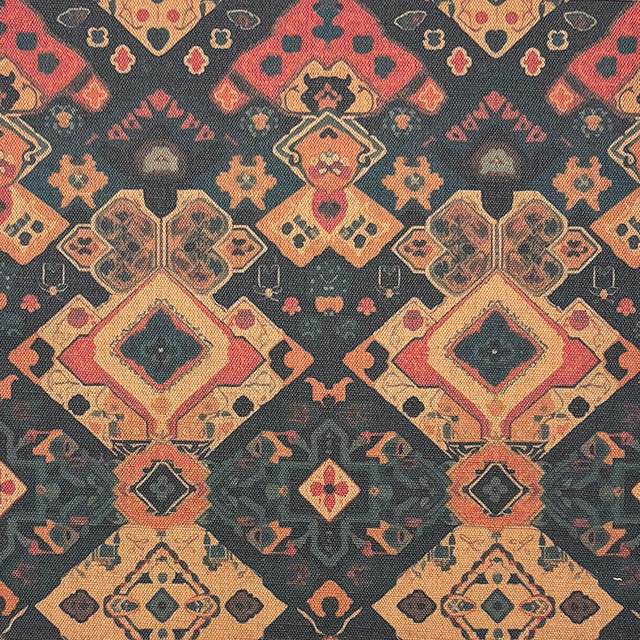 Kilim No.3 luxury upholstery fabric with autumnal colour palette and Kilim pattern – flat view