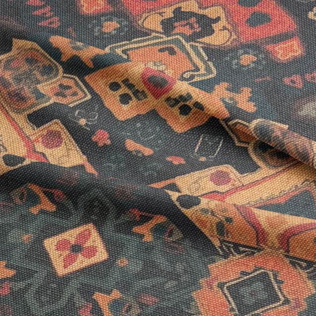 Ruffled view of Kilim No.3 upholstery fabric with autumnal colour palette and Kilim pattern