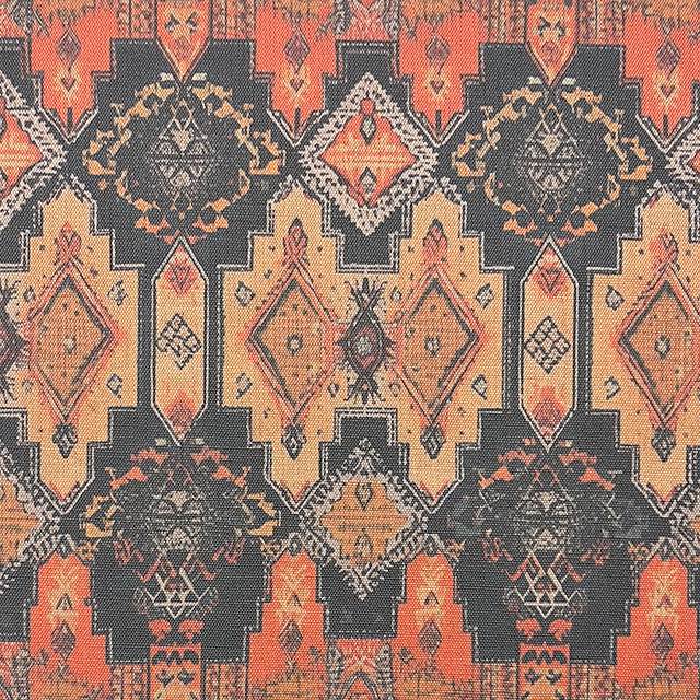 Kilim No.5 luxury upholstery fabric featuring autumnal colour palette and Kilim pattern – flat view