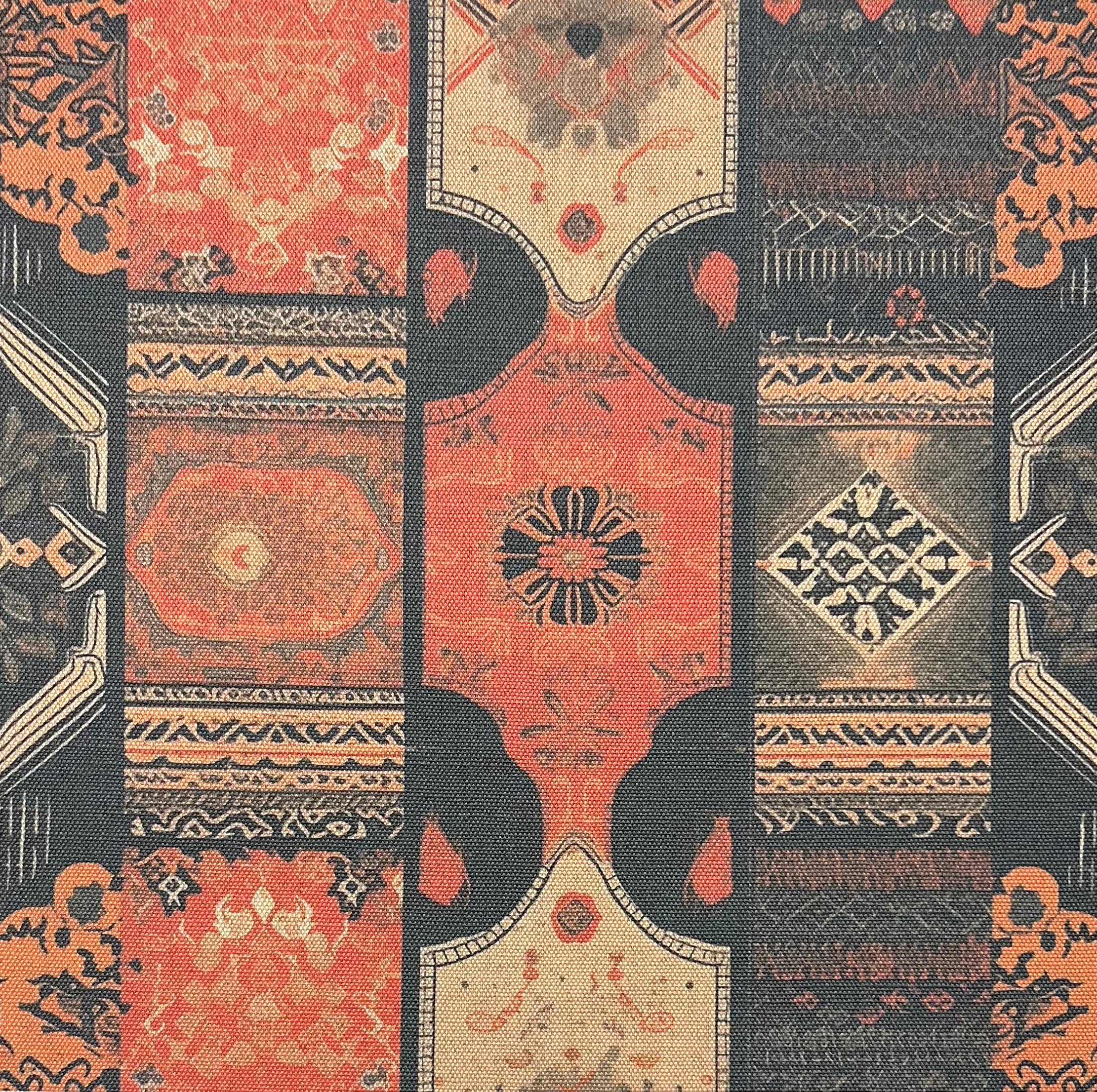 Kilim No.6 luxury upholstery fabric with autumnal colour palette and Kilim pattern – flat view