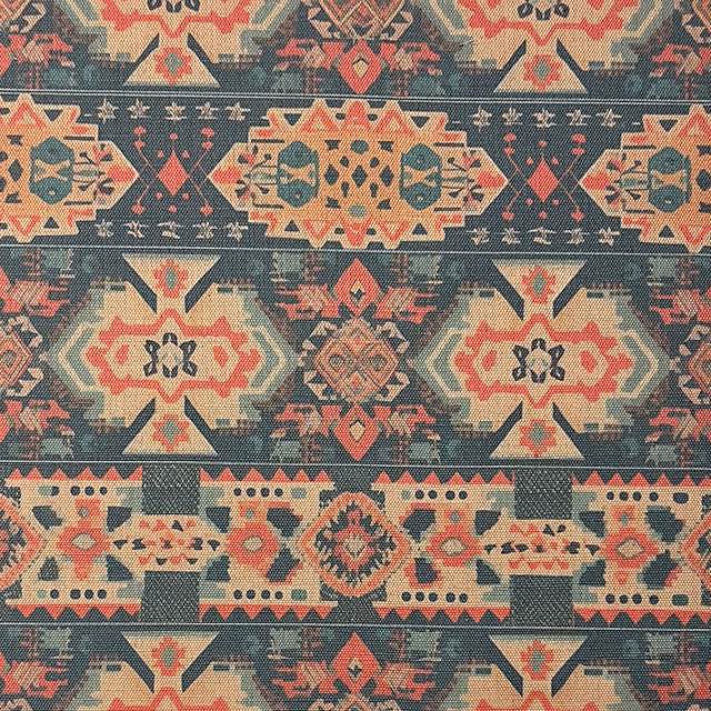 Kilim No.7 luxury upholstery fabric with autumnal colour palette and Kilim pattern – flat view