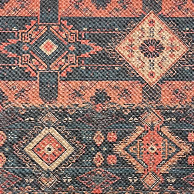 Kilim No.9 luxury upholstery fabric featuring autumnal colour palette and Kilim pattern – flat view