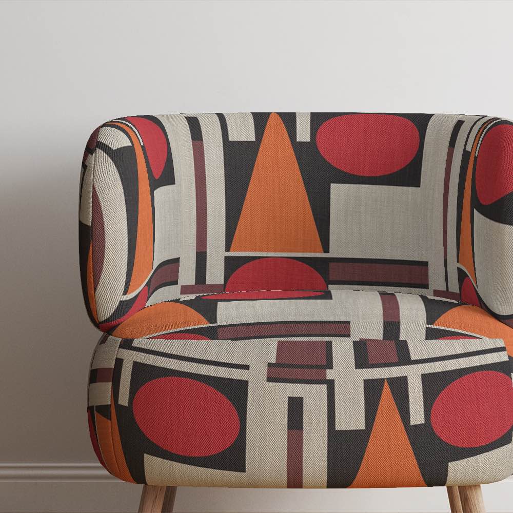 Ruffled view of Malaga No.12 neutral with red and black upholstery fabric with Cubism art-inspired design