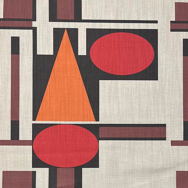 Malaga No.12 neutral with red and black upholstery fabric with Cubism art-inspired design – flat view