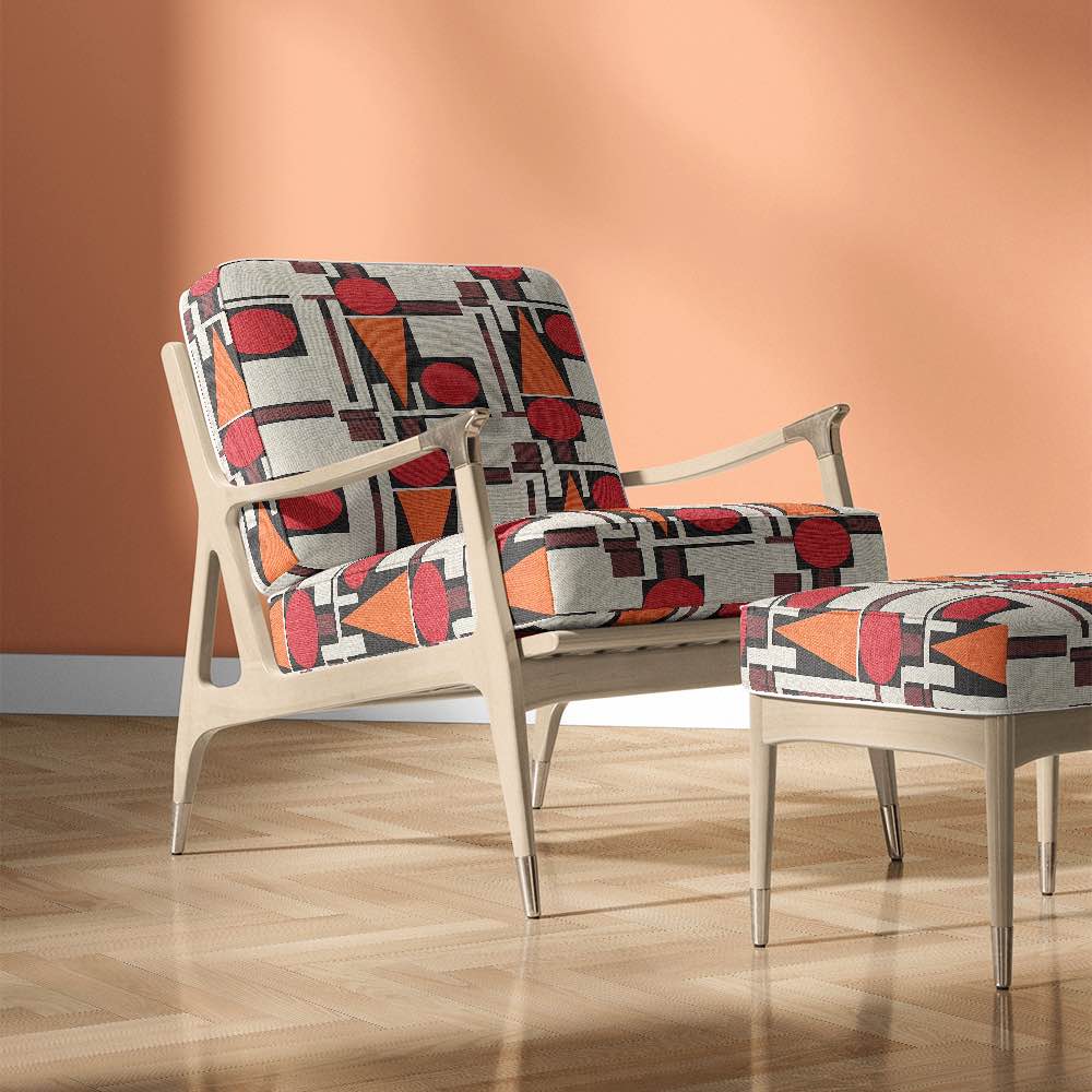 Ruffled view of Malaga No.13 neutrals with red and black upholstery fabric with Cubism art-inspired design